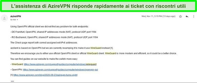 Screenshot del supporto AzireVPN che risponde a una richiesta di assistenza