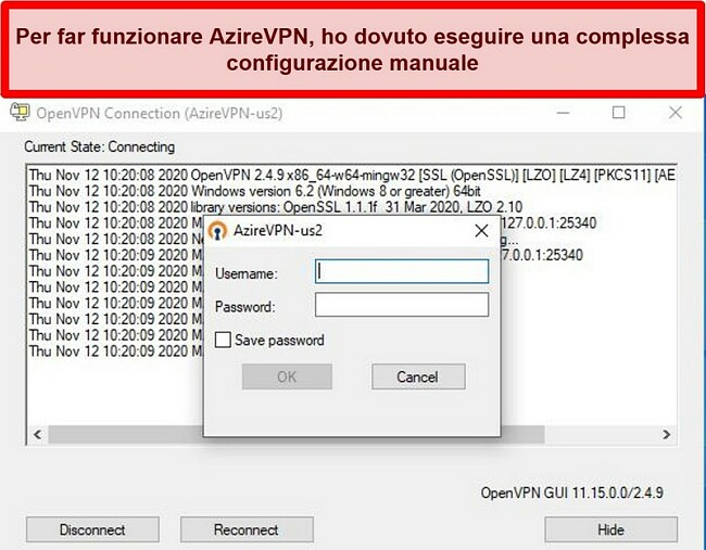 Screenshot del prompt di accesso di AzireVPN durante l'utilizzo del client OpenVPN