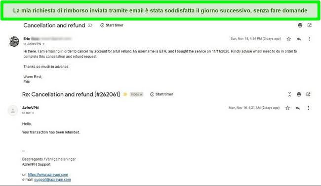 Screenshot di un thread di posta elettronica che mostra la procedura di annullamento e rimborso di AzireVPN