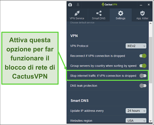 Screenshot che mostra come attivare manualmente il kill switch di CactusVPN
