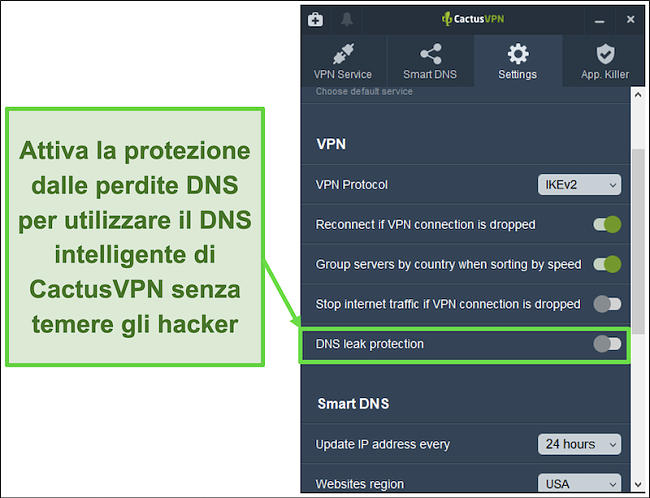 Screenshot che mostra come abilitare la protezione da perdite DNS