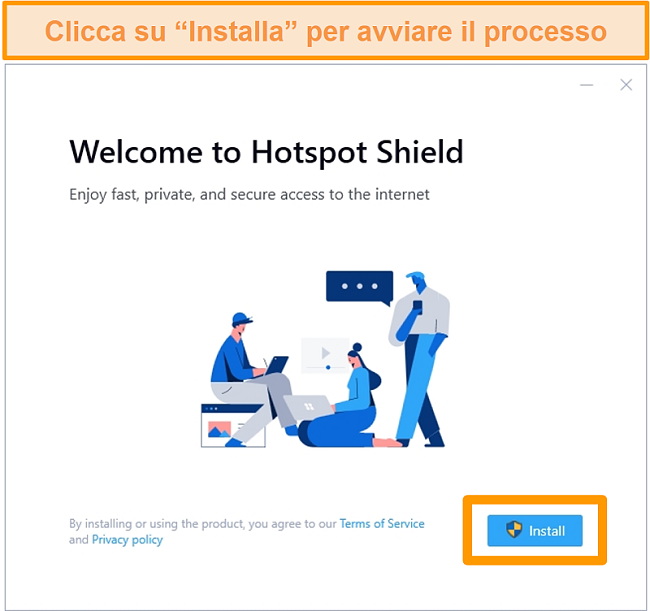 Screenshot della schermata di installazione di Hotspot Shield su Windows.