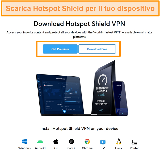 Screenshot della pagina di download di Hotspot Shield.