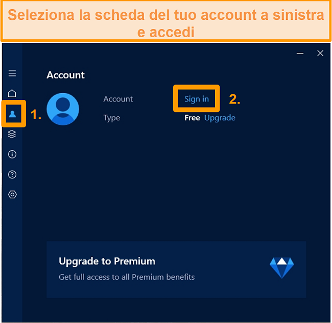 Screenshot della schermata di accesso all'account dell'app Windows di Hotspot Shield.