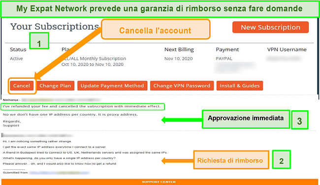 Screenshot della procedura di rimborso di My Expat Network