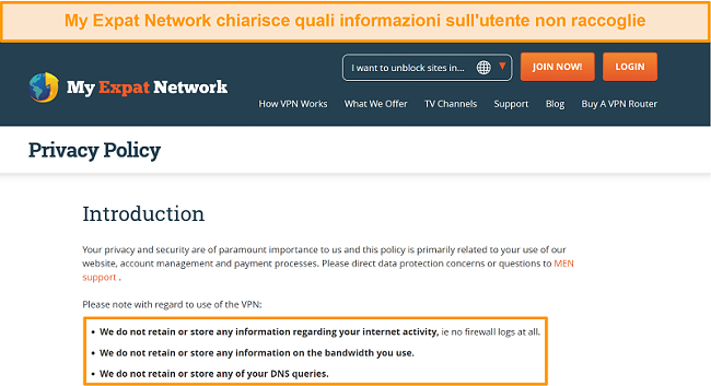 Screenshot della politica sulla privacy di My Expat Network