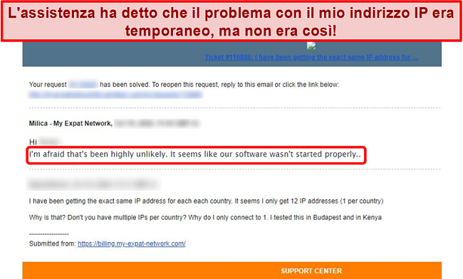 Screenshot della risposta e-mail di My Expat Network che fornisce una spiegazione per un problema di indirizzo IP