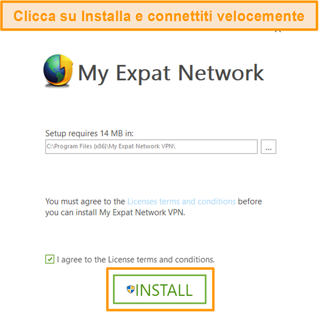 Screenshot dell'ultimo passaggio dell'installazione di My Expat Network