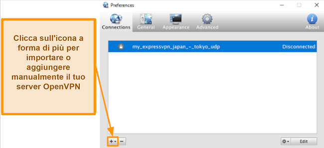Screenshot dell'app Viscosity che mostra come aggiungere server OpenVPN
