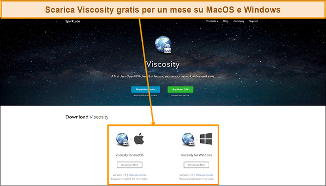 Screenshot della pagina di download di Viscosity dal sito Web di Viscosity