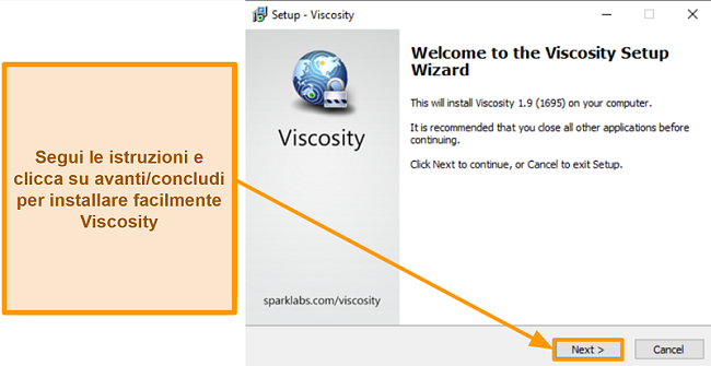 Screenshot della procedura guidata di configurazione della viscosità per installare l'app