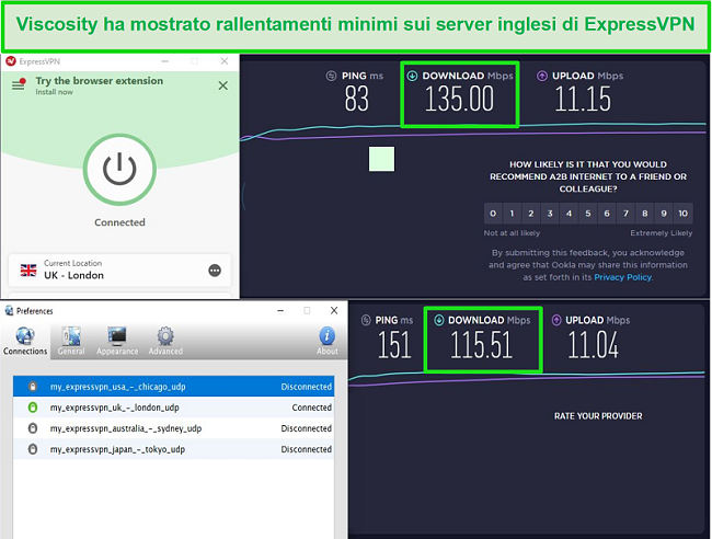 Screenshot dei risultati del test di velocità durante la connessione ai server britannici di Express VPN tramite Viscosity ed ExpressVPN
