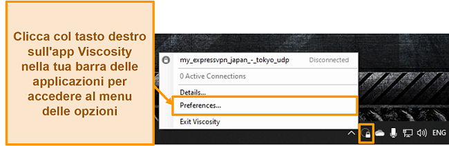 Screenshot che mostra come aprire il menu delle preferenze in Viscosity tramite l'icona della barra degli strumenti
