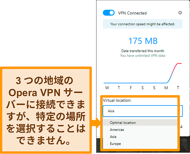 OperaVPN仮想ロケーションメニューのスクリーンショット。