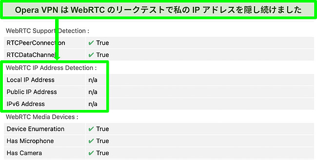 OperaVPNへの接続中にリークがないことを示すDNSリークテスト結果のスクリーンショット。