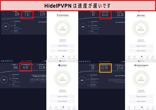 4つのサーバーロケーションにわたるHideIPVPN速度テストのスクリーンショット。