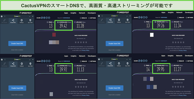 CactusVPNのスマートDNSサーバーに接続している間の4つの速度テストのスクリーンショット