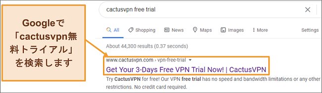 GoogleでCactusVPN無料トライアルを見つける方法を示すスクリーンショット