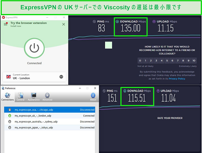 ViscosityとExpressVPNの両方を介してExpressVPNのUKサーバーに接続しているときの速度テスト結果のスクリーンショット