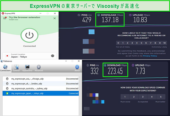 ViscosityとExpressVPNの両方を介してExpressVPNのJapanサーバーに接続したときの速度テスト結果のスクリーンショット