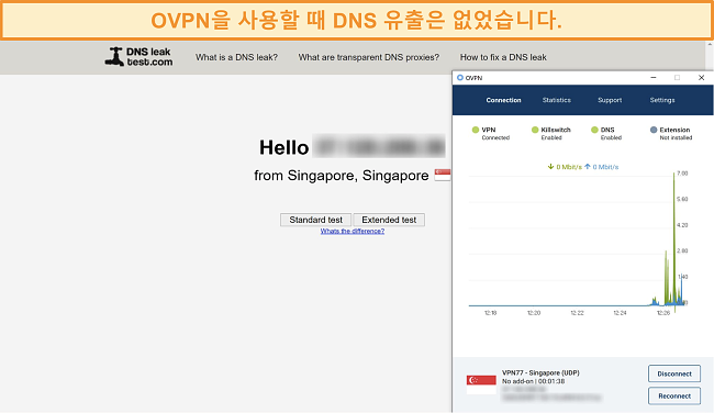 DNS 누출 테스트를 통과 한 OVPN의 스크린 샷