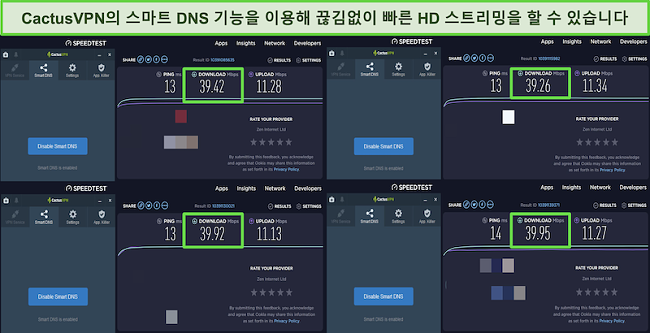 CactusVPN의 스마트 DNS 서버에 연결된 동안 4 개의 속도 테스트 스크린 샷