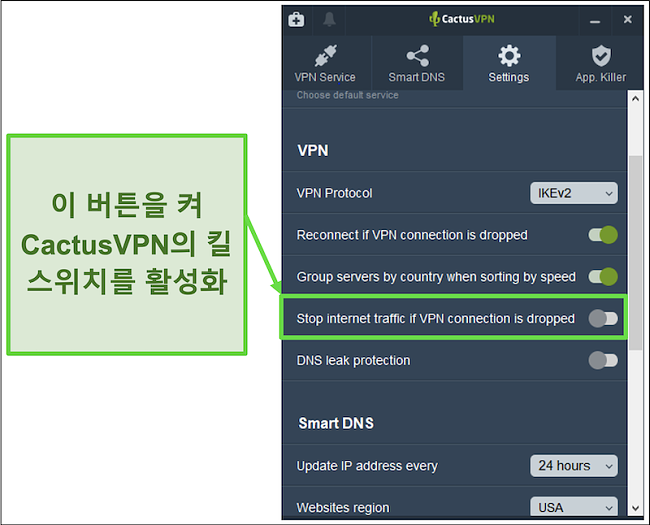 CactusVPN의 킬 스위치를 수동으로 활성화하는 방법을 보여주는 스크린 샷