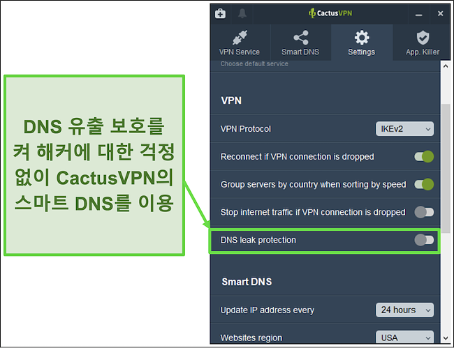 DNS 누출 방지를 활성화하는 방법을 보여주는 스크린 샷