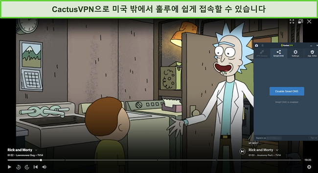 Rick and Morty가 CactusVPN이 연결된 Hulu에서 성공적으로 스트리밍하는 스크린 샷