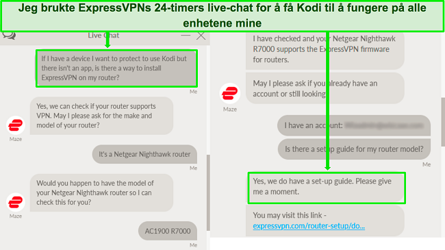 Skjermbilde av en utveksling med ExpressVPNs live chat-støtte om bruk av ExpressVPN på en ruter for å jobbe med Kodi