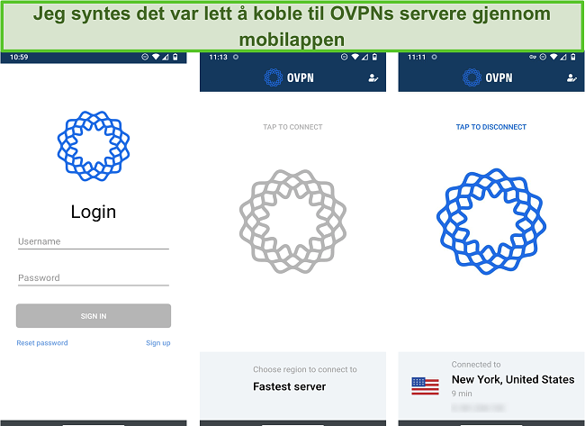 Skjermbilde av OVPNs påloggingsprosess på mobil