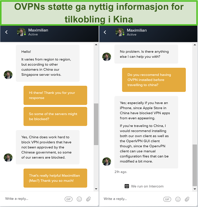 Skjermbilde av live chat med OVPN om servere fungerer i Kina