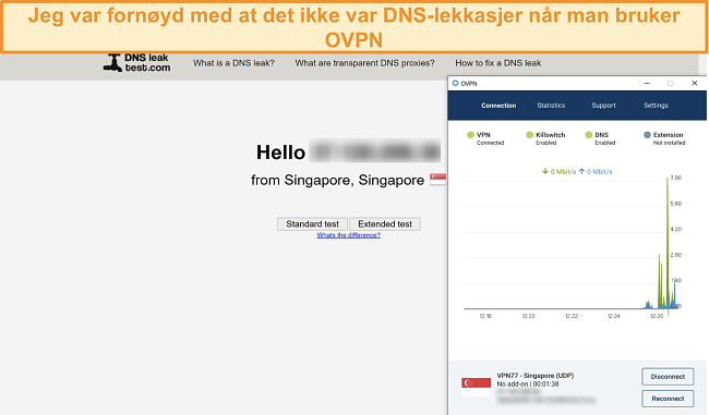 Skjermbilde av OVPN som bestått en DNS-lekkasjetest