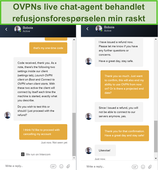 Skjermbilde av en vellykket refusjonsforespørsel gjennom OVPNs live chat