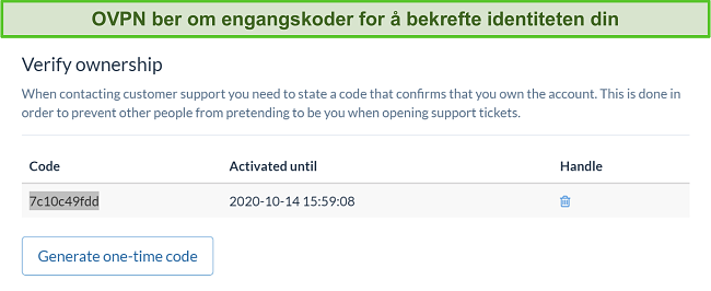 Skjermbilde av OVPNs engangskode for å bekrefte identiteten under abonnementsavbestillingsprosessen