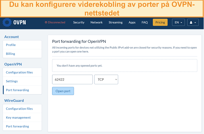 Skjermbilde av alternativet for portvideresending på OVPN