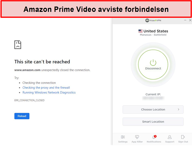 Skjermbilde av Amazon Prime Video som avviser HideIPVPN-tilkoblingen.