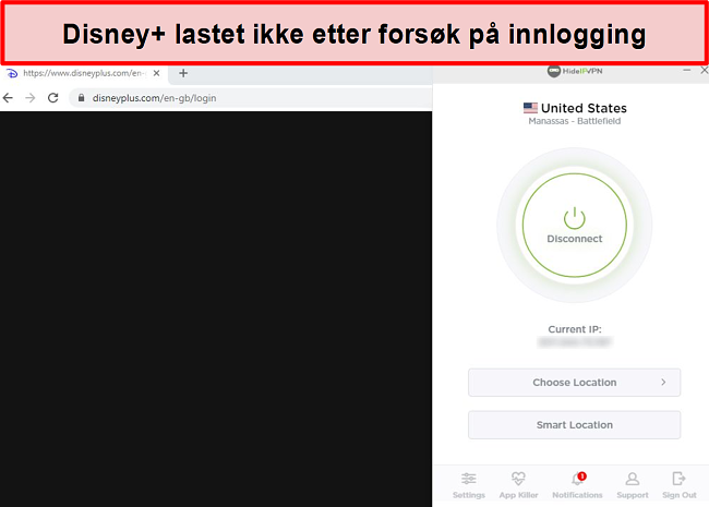 Skjermbilde av HideIPVPN som ikke får tilgang til Disney +.