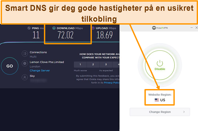 Skjermbilde av HideIPVPN Smart DNS-hastighetstest.