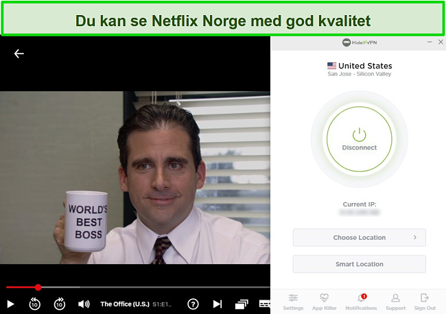 Skjermbilde av HideIPVPN som opphever blokkering av US Netflix, streaming av Office (U.S.).