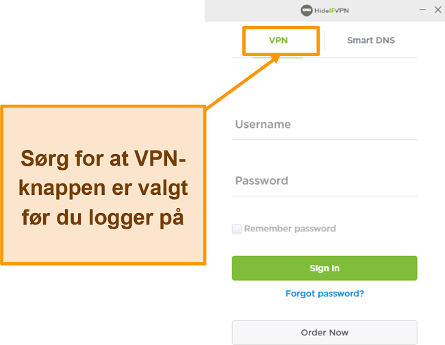 Skjermbilde av HideIPVPN påloggingsskjerm for skrivebordet.