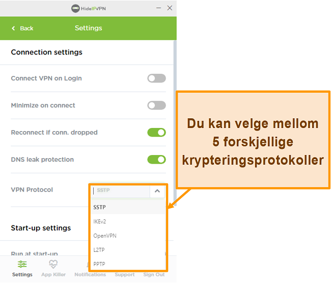 Skjermbilde av HideIPVPN-krypteringsprotokoller.