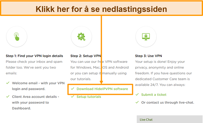 Skjermbilde av HideIPVPNs kontoopprettingsprosess, der du må klikke på 