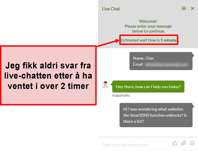 Skjermbilde av HideIPVPN live chat kan ikke svare.