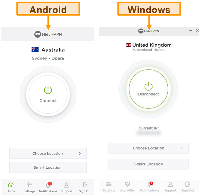 Skjermbilde av HideIPVPNs stasjonære og mobile applikasjoner.