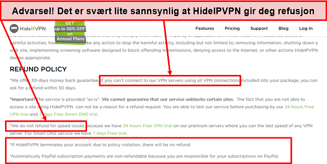 Skjermbilde av HidelVPNs refusjonspolicy