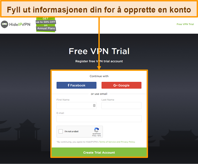 Skjermbilde av HideIPVPNs kontoopprettingsprosess.