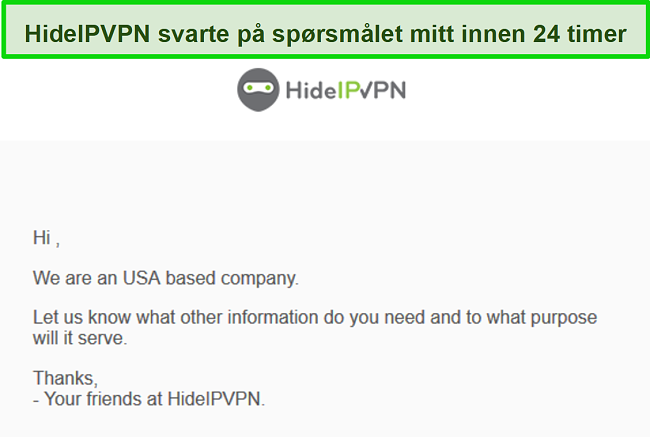 Skjermbilde av HideIPVPNs e-poststøtte.