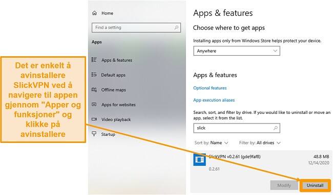 Skjermbilde som viser hvordan du avinstallerer SlickVPN via Apps & Features-menyen.