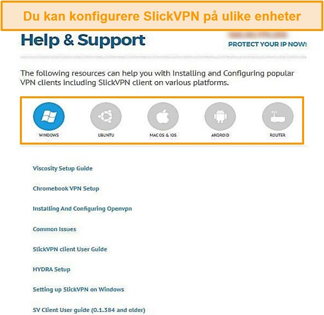 Skjermbilde av SlickVPN support guide